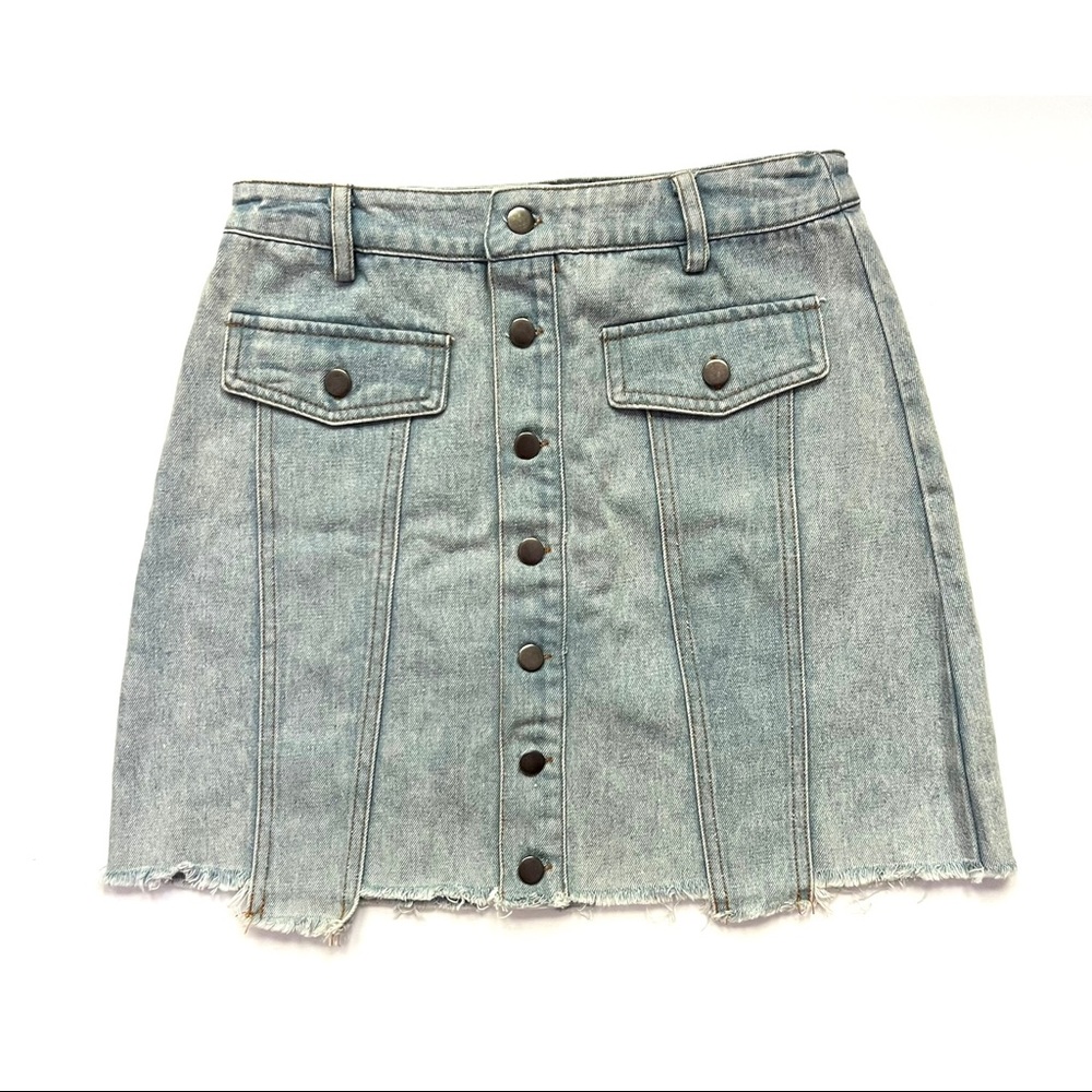 Molly Green Denim Blue Jean Button Up Mini Skirt Light Wash with Pockets S